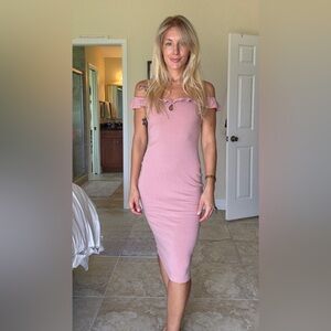 Express Pink Ribbed Off-Shoulder Maxi Dress
